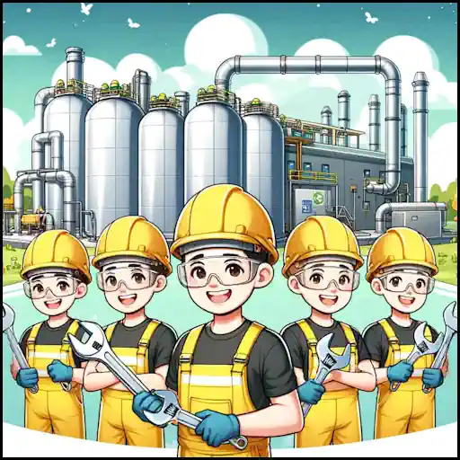 Cartoon of young men with spanners depicting anaerobic digestion jobs.