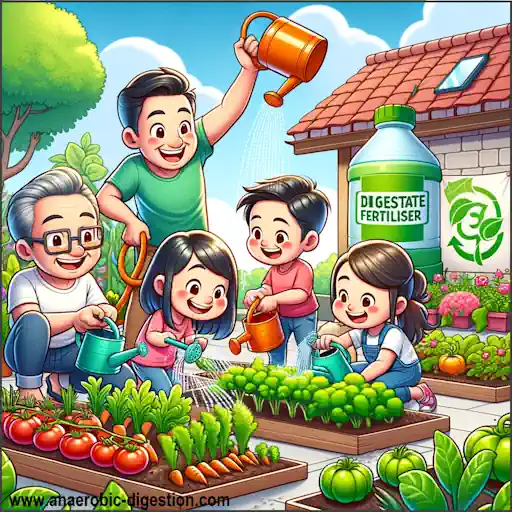 A cartoon family is shown happily watering their vegetables with digestate fertiliser.
