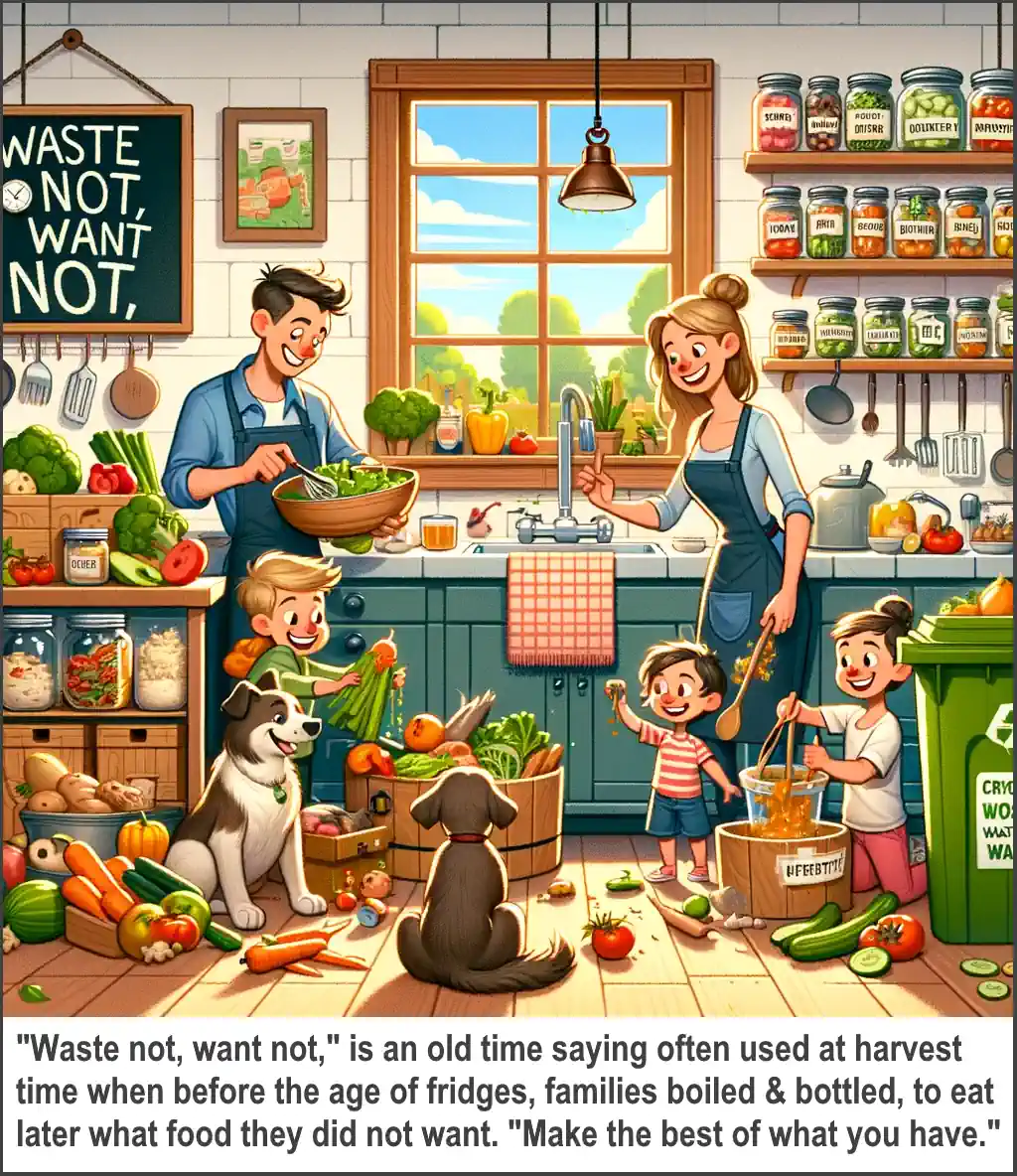 Our waste not want not cartoon explains the old timer meaning of the phrase.