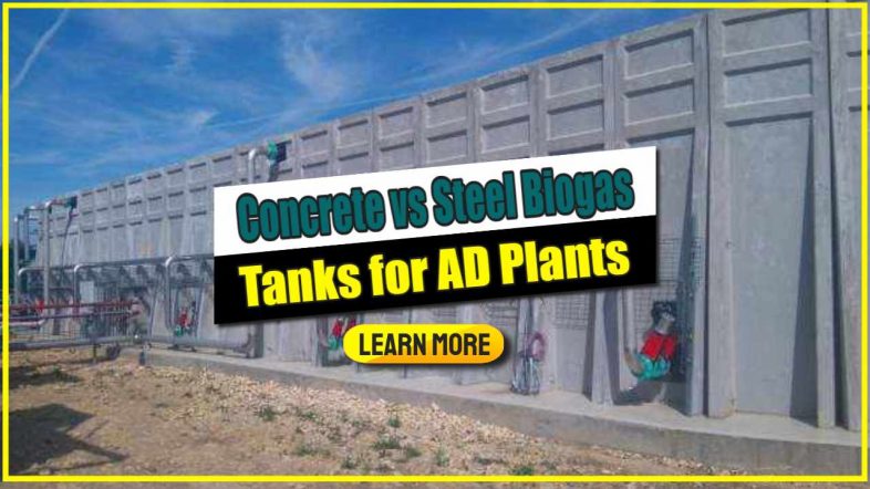 Image text: "Concrete vs steel biogas tanks".
