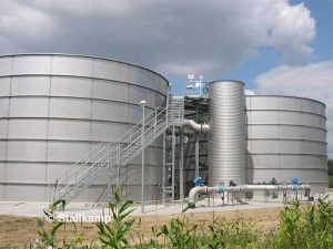 Image is an example of a Stallkamp's large stainless steel tanks for wastewater treatment.