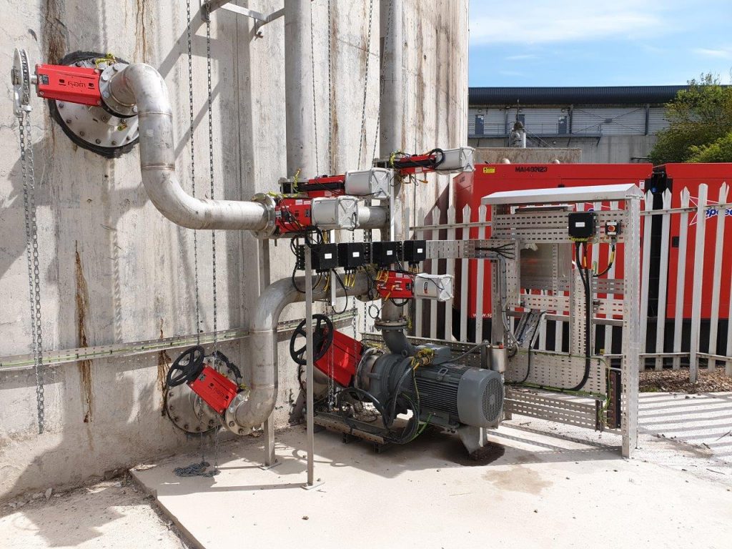 Image shows the Landia GasMix pump and valve arrangement on the side of the Nigg sewage sludge digestion tank.