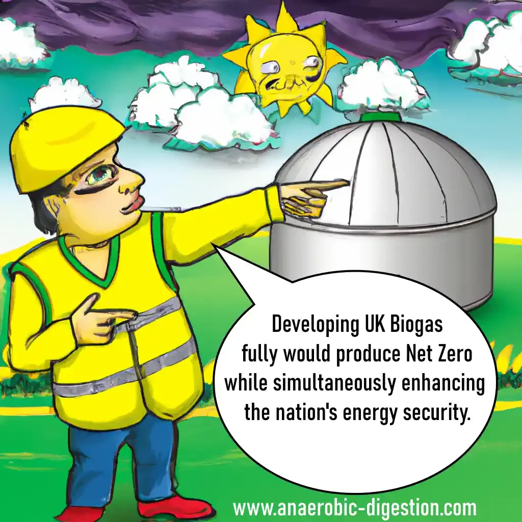 Cartoon of a biogas plant and a man with a speech bubble saying that developing Biogas will deliver Bet Zero.
