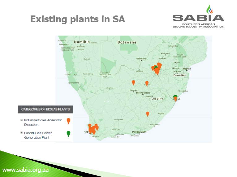 Sabia Map of existing biogas plants in South Africa.