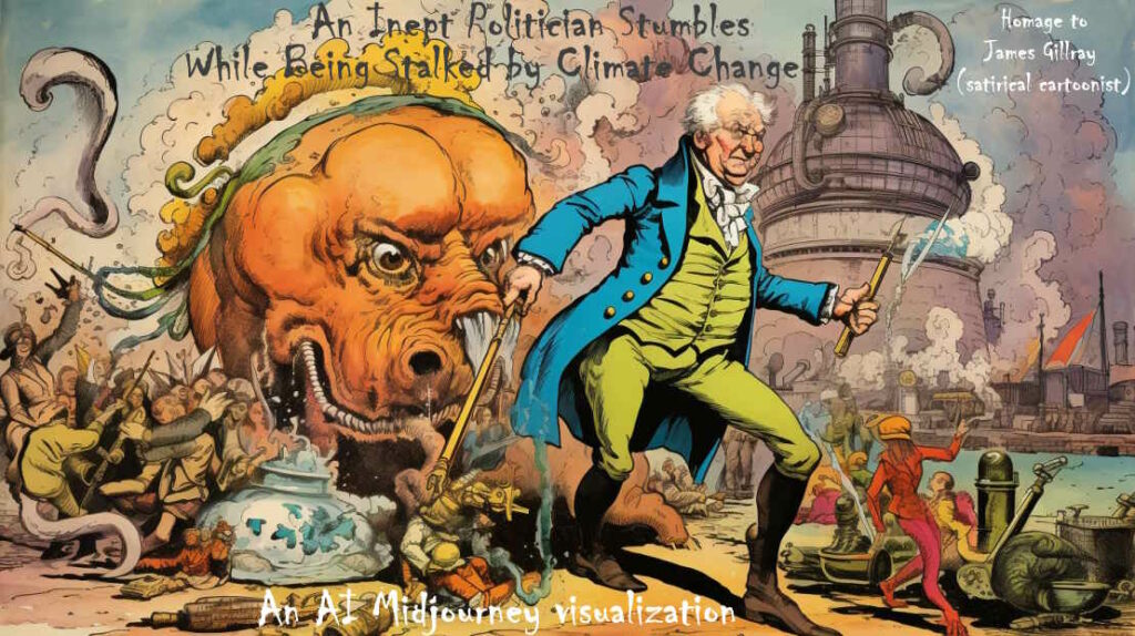 A satirical cartoon (after Gillray) illustrates the lost opportunity for AD in the UK again in 2023.