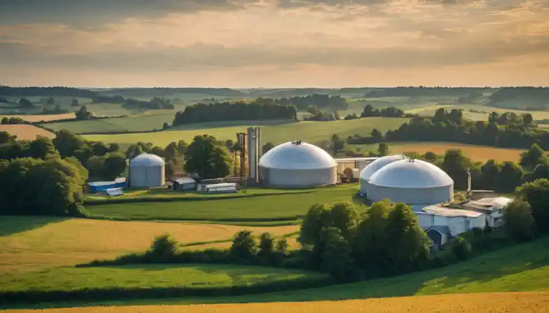 Artistic (AI) impression of an anaerobic digestion in Germany. A biogas plant in a picturesque German farmland scene.