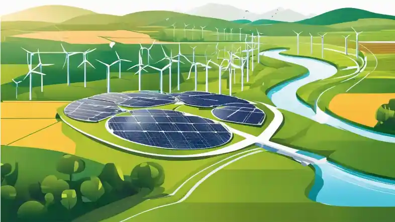 A solar and wind power illustration in an agricultural field with biogas plant, wind turbines and solar panels.