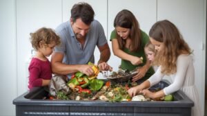 An imaginary family sorts their kitchen scraps for separate food waste collections in England due in 2026.
