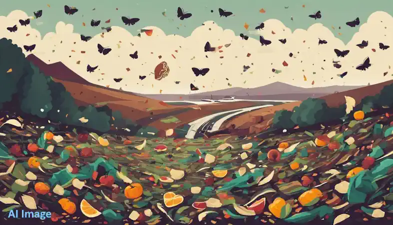 A landfill site with tons of discarded food waste, swarming flies, and environmental impact.