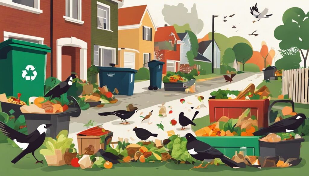 Food waste outside homes with recycling bins, scavenged by birds and animals, highlighting environmental impact.