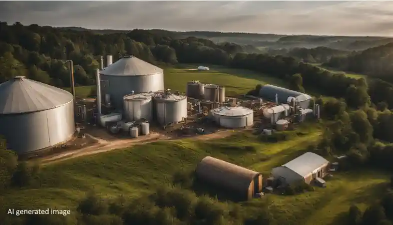 A visualisation of a farm biogas plant that contrasts biomethane vs natural gas by showing the rural natural and sustainable origins of biomethane.