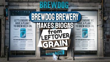 Image text: "Brewdog brewery makes biogas from leftover grain".