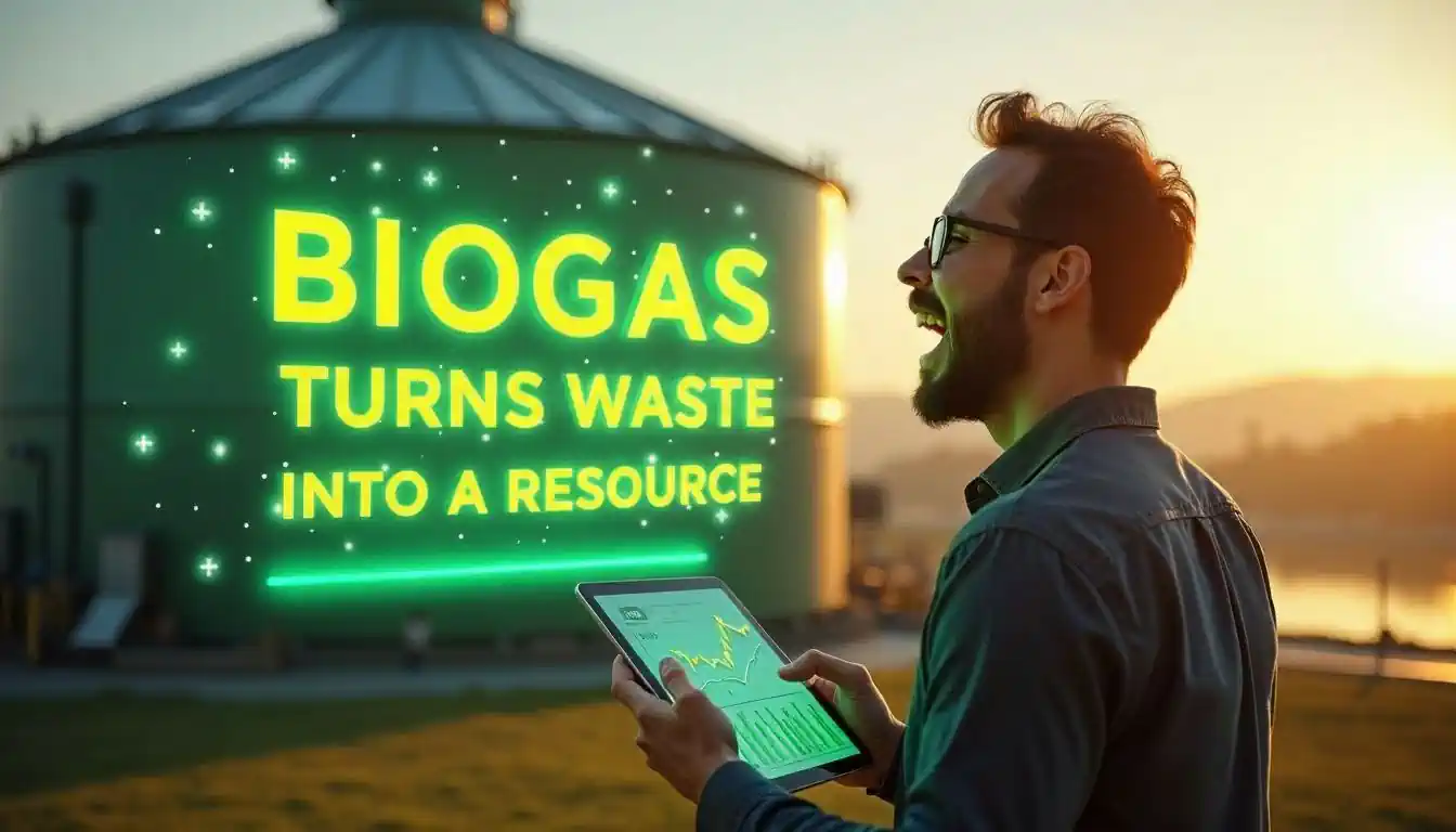 BIOGAS TURNS WASTE INTO A RESOURCE-Graphic image with text BIOGAS TURNS WASTE INTO A RESOURCE-Graphic image with text