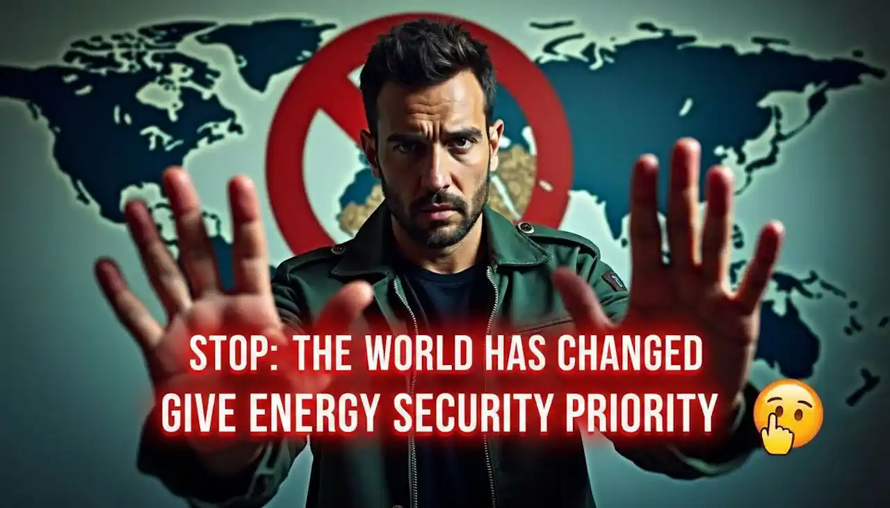 Image with text STOP THE WORLD HAS CHANGED give energy security priority. Image with text STOP THE WORLD HAS CHANGED give energy security priority.