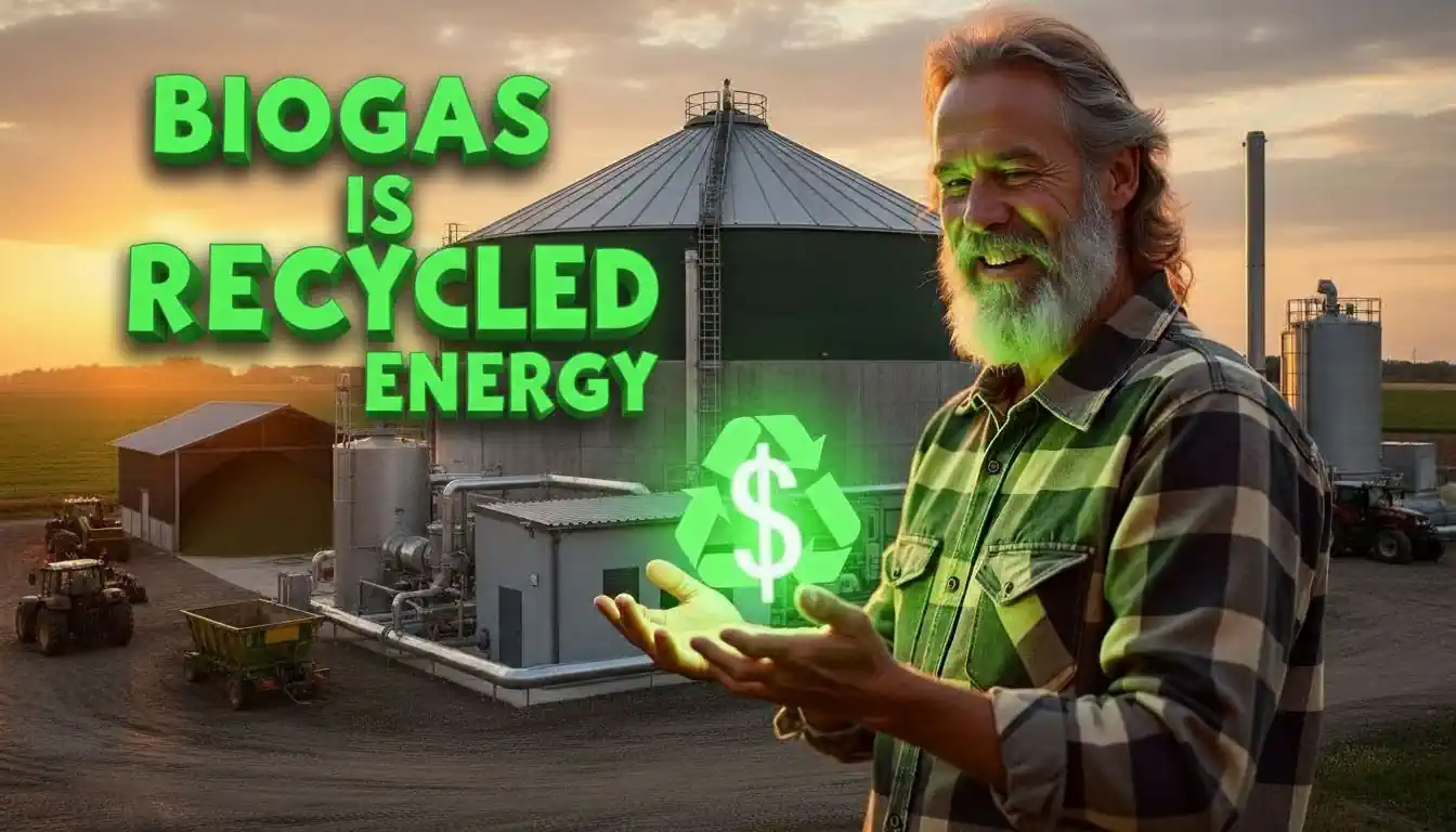 Graphic that illustrates the concept of biogas as recycled energy.