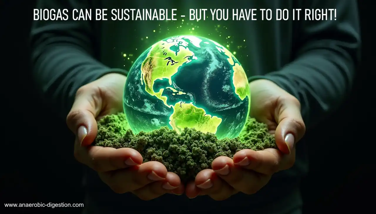 Illustration that shows a green earth graphic with text: "Biogas can be sustainable - you have to do it right." Illustration that shows a green earth graphic with text: "Biogas can be sustainable - you have to do it right."