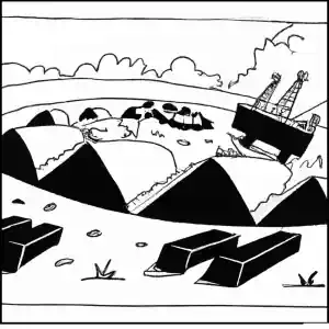 B/W cartoon illustrating coal beds and petroleum reservoirs.