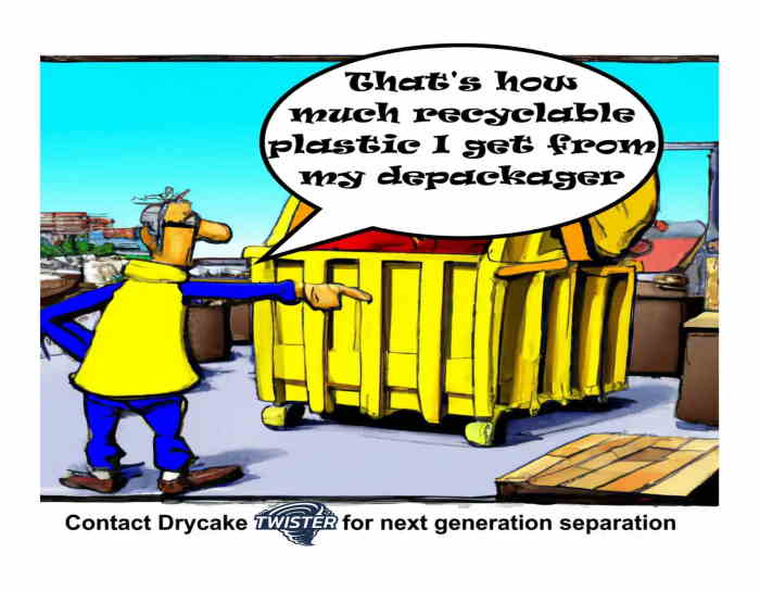 Depackaging machine cartoon humour; Shows an empty pallet of recyclable rejects.