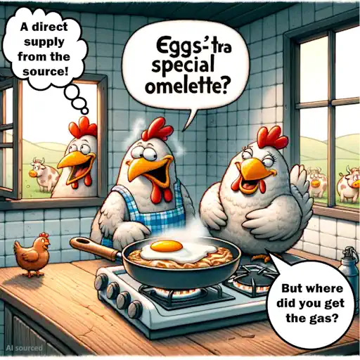 A cartoon chicken is cooking on a biogas stove. Another chicken walks in and asks, "What's cooking?" The first chicken replies, "Eggs-tra special omelette!" The second chicken looks confused and says, "But where did you get the gas?" The first chicken points outside to a group of cows and says, "Direct supply from the source!"