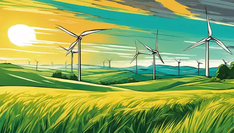 Wind turbines elegantly spinning amidst a sprawling green field, symbolizing the harmonious coexistence of nature and technology.