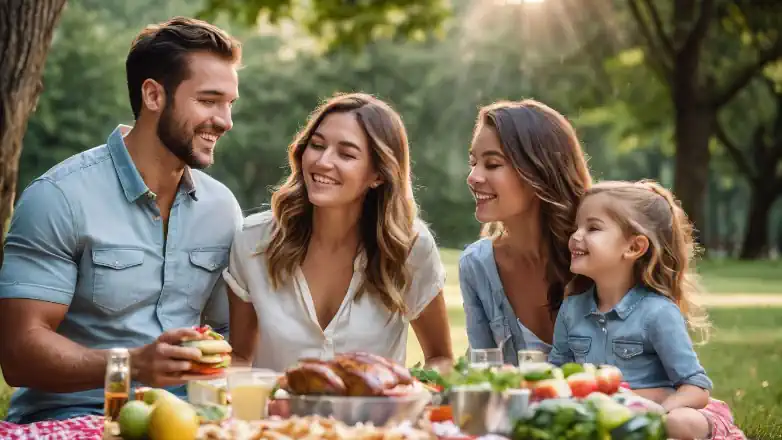 A family enjoys a picnic in a vibrant park with a renewable propane grill.