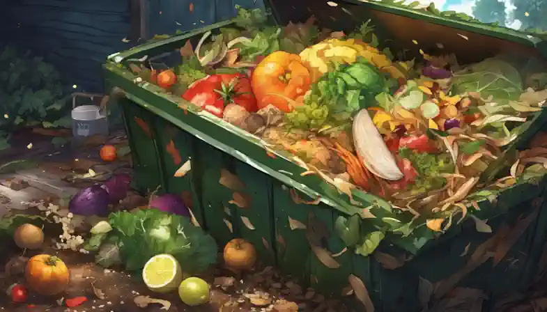 An overflowing compost bin surrounded by decomposing vegetable scraps represents the cycle of nature and decay.