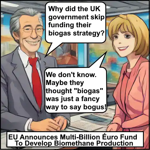 Cartoon with text: "Why did the UK government skip funding their biogas strategy? We don't know. Maybe because they thought "biogas" was just a fancy way to say bogus!"