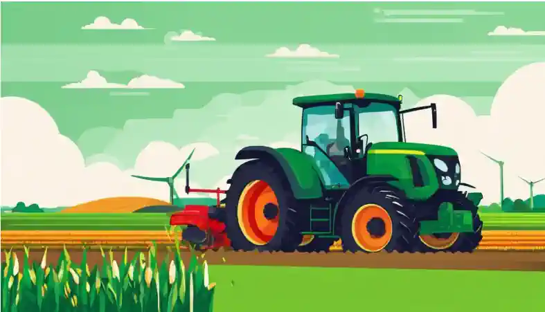 A farmer spreads organic fertiliser on a lush green field on an idealised AI image of a food waste anaerobic digestion fram.