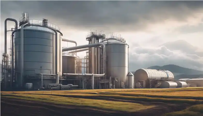 A futuristic AI generated image of a very large agricultural anaerobic digestion plant with digester tanks and industrial machinery. The use of stainless steel would be beyond current budgets but perhaps one day...