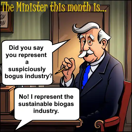 Cartoon joke: Minister of the month asks: "Did you say you represent a suspiciously bogus industry?" Reply: "No I represent the sustainable biogas industry."