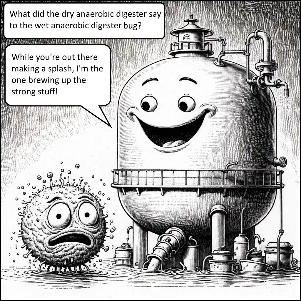 Cartoon showing a dry anaerobic digester talking to a wet digester bug.