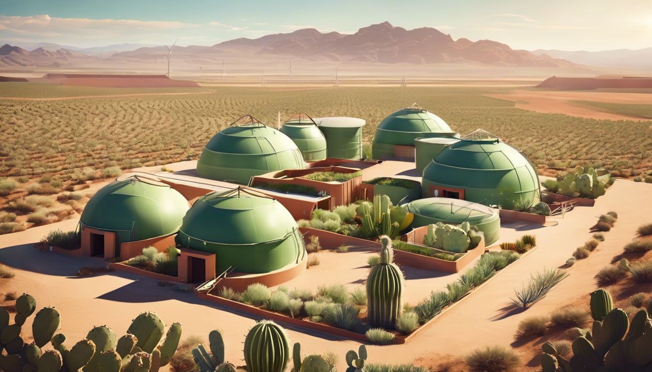 A flat design of an Opuntia cactus farm with biogas tanks in a semi-arid landscape.