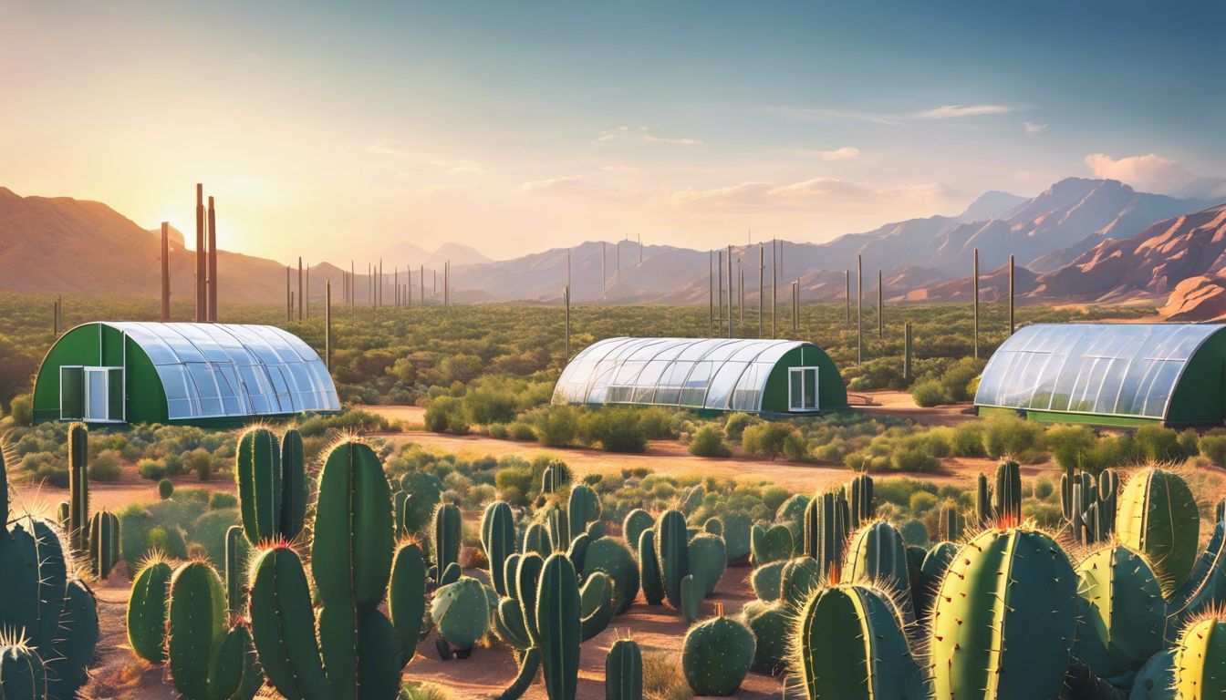 A flat design of a vast Opuntia cactus field with biogas production equipment highlighting sustainable technology in nature.