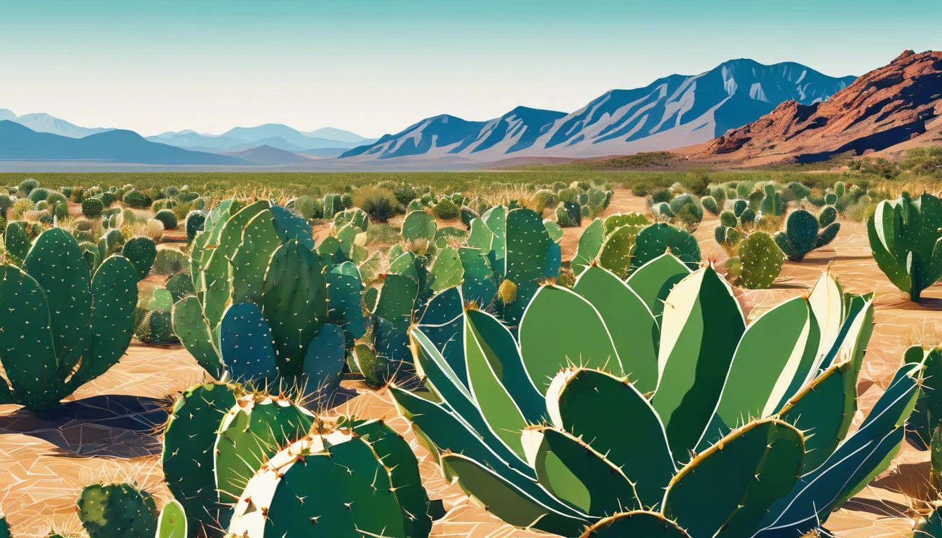 A field of vibrant green Opuntia Prickly Pear Cactus in a semi-arid landscape under the sun.