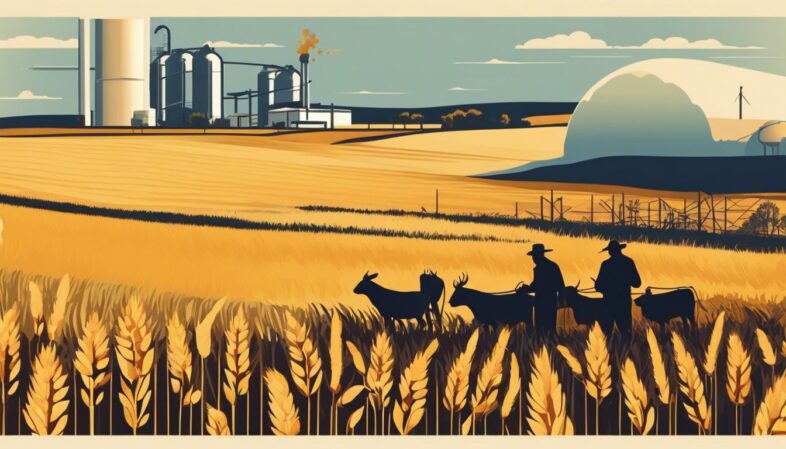 A farmer tends to livestock in a wheat field near a natural gas facility, showing harmony with nature.