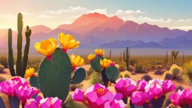 The image depicts a blooming Opuntia Prickly Pear Cactus in a semi-arid desert landscape.
