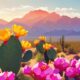 The image depicts a blooming Opuntia Prickly Pear Cactus in a semi-arid desert landscape.
