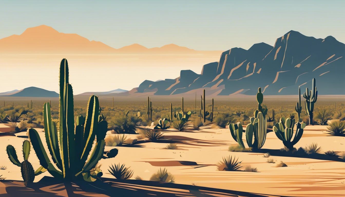 A flat design of Opuntia Cactus field in a desert, highlighting its intricate patterns and rugged terrain.
