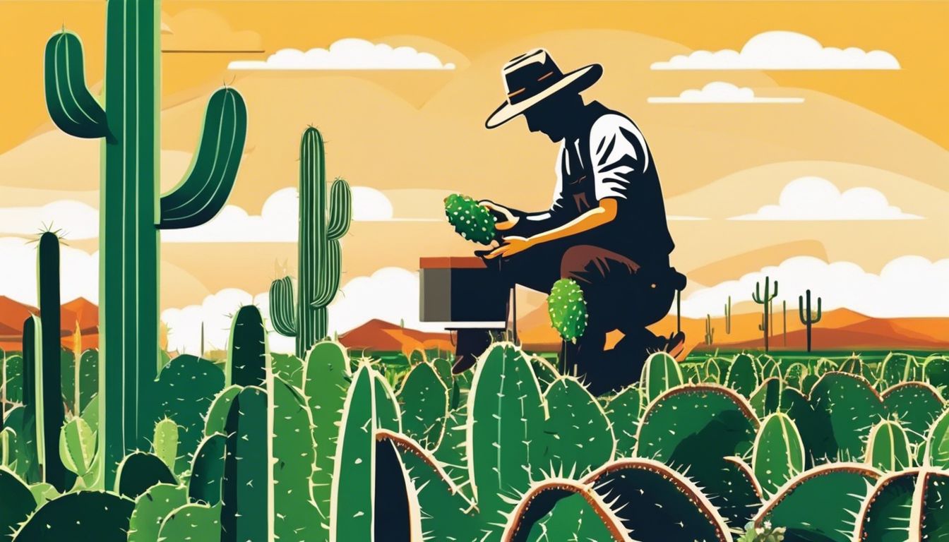 A farmer examines biofertilizer in a field of vibrant Opuntia Cactus in a rural setting.