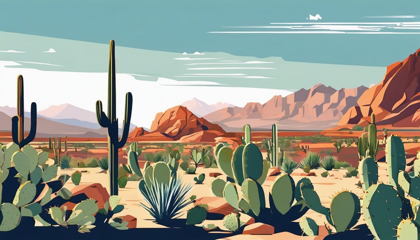 A flat design illustration of a vast Opuntia cactus field under a clear blue sky in a tranquil desert setting.
