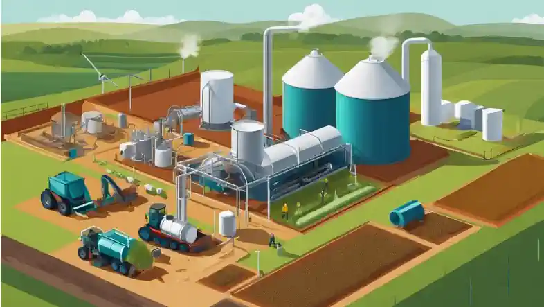 An on-farm biogas plant isometric view. The image depicts the process of converting livestock waste into biogas, highlighting sustainable energy production and environmental impact.