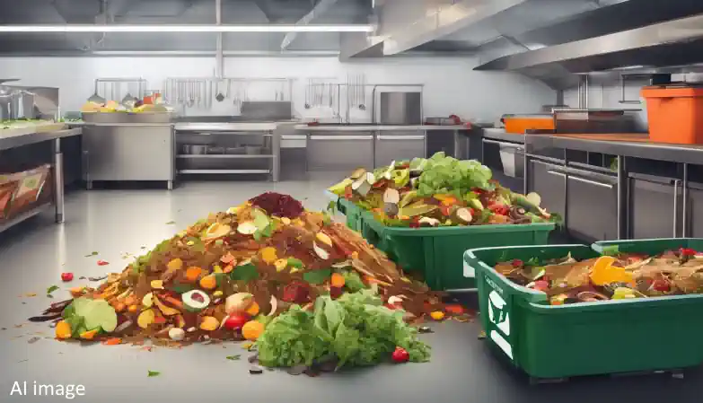 An illustration of Separate Food Waste Segregation: A diverse pile of food waste being separated into composting bins in a busy commercial kitchen. (AI image.)