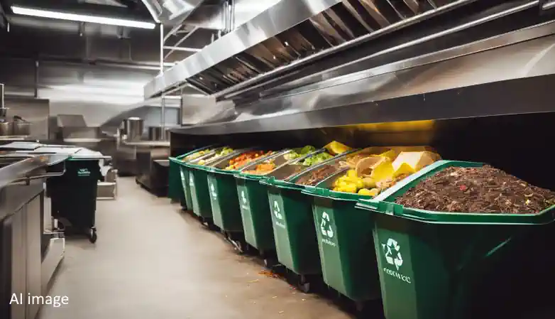 Composting bins in a commercial kitchen separating food waste for sustainability and waste management. (AI image.)