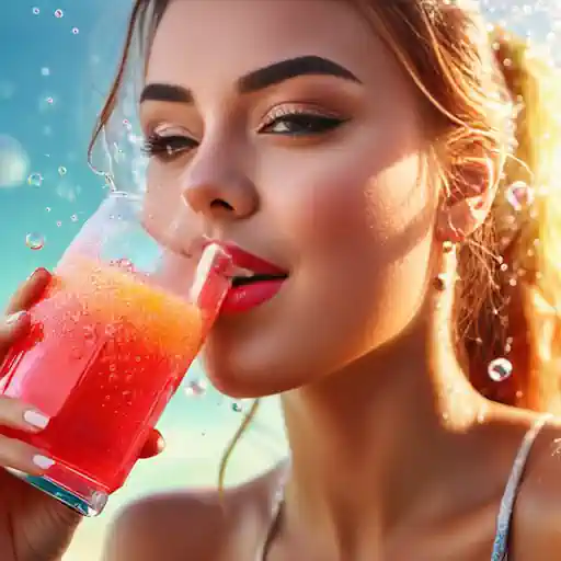 A woman enjoying a biogenic fizzy drink.