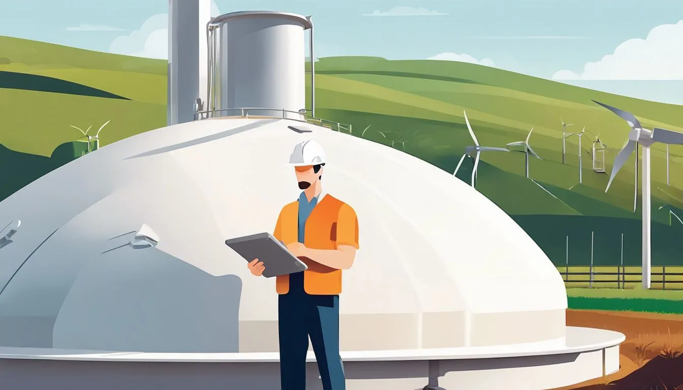 An engineer inspecting an anaerobic digester cover in a biogas facility. An engineer inspecting an anaerobic digester cover in a biogas facility.