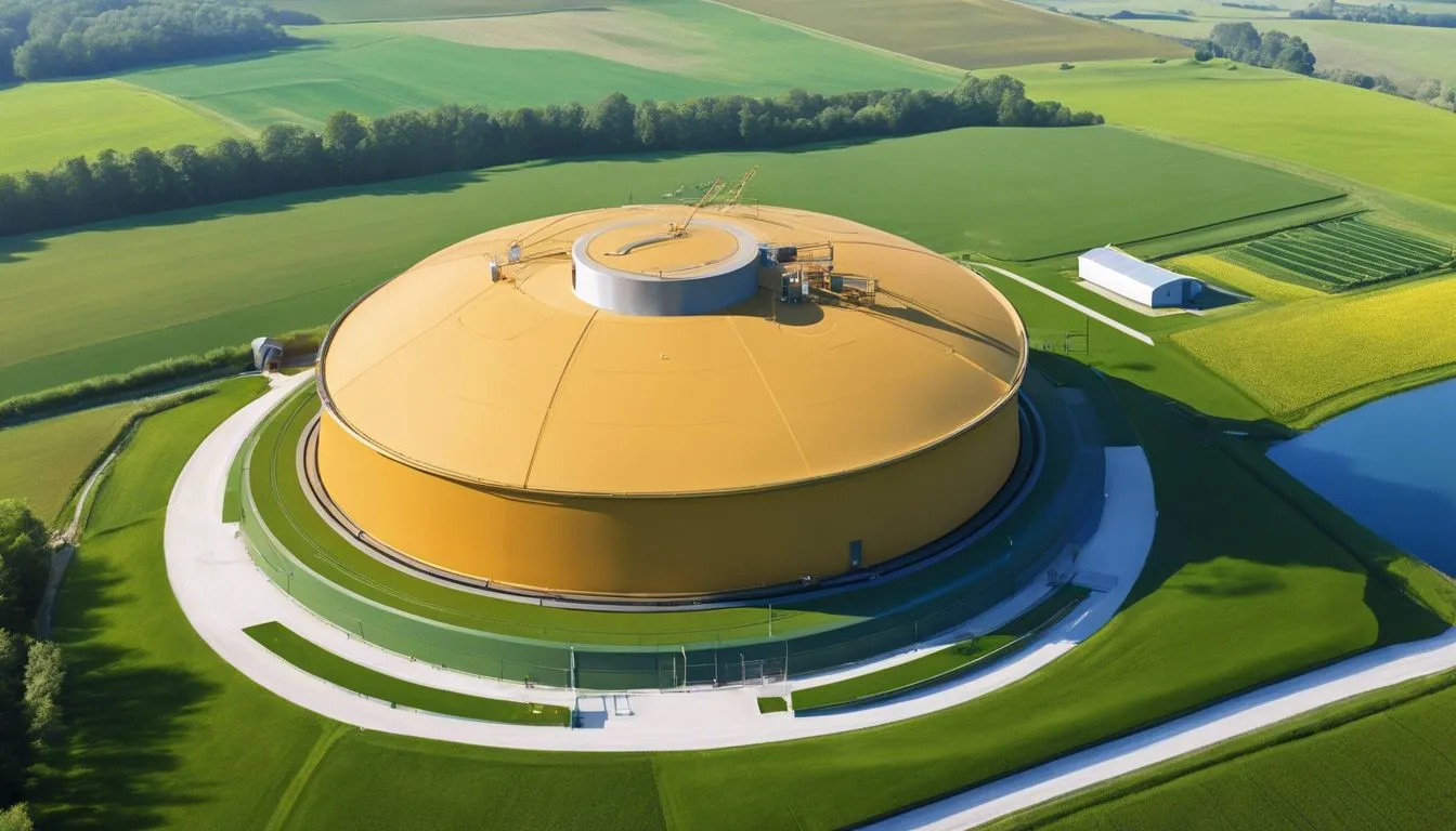 An aerial view of a large anaerobic digester cover on a farm, showcasing innovative biogas production technology. An aerial view of a large anaerobic digester cover on a farm, showcasing innovative biogas production technology.