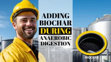 A technician and biochar at a biogas plant.