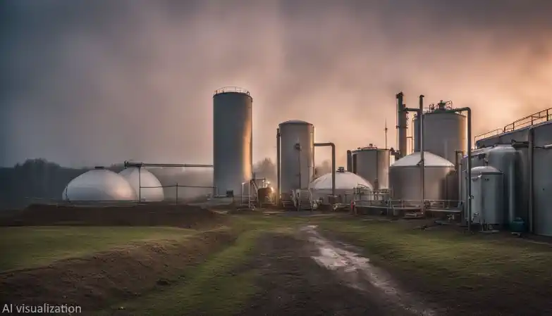 Farm biogas plant image. A biogas plant in a chilly, foggy environment is captured in a well-lit, bustling atmosphere.