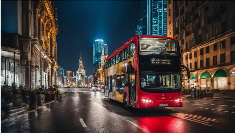 A biomethane-powered bus driving through a bustling city, is an example of biomethane for transport use.