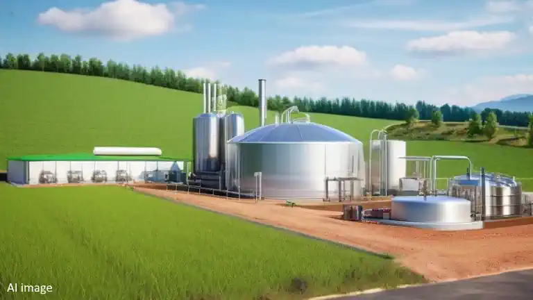 Landscape photo with biogas plants, green fields, and bustling atmosphere.
